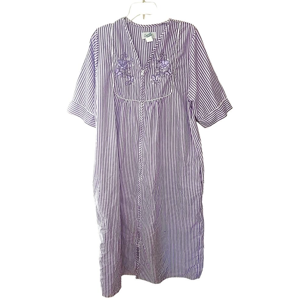 Casual‎ Nights Purple Striped Full Zip Housecoat Nightgown Women's Size Large